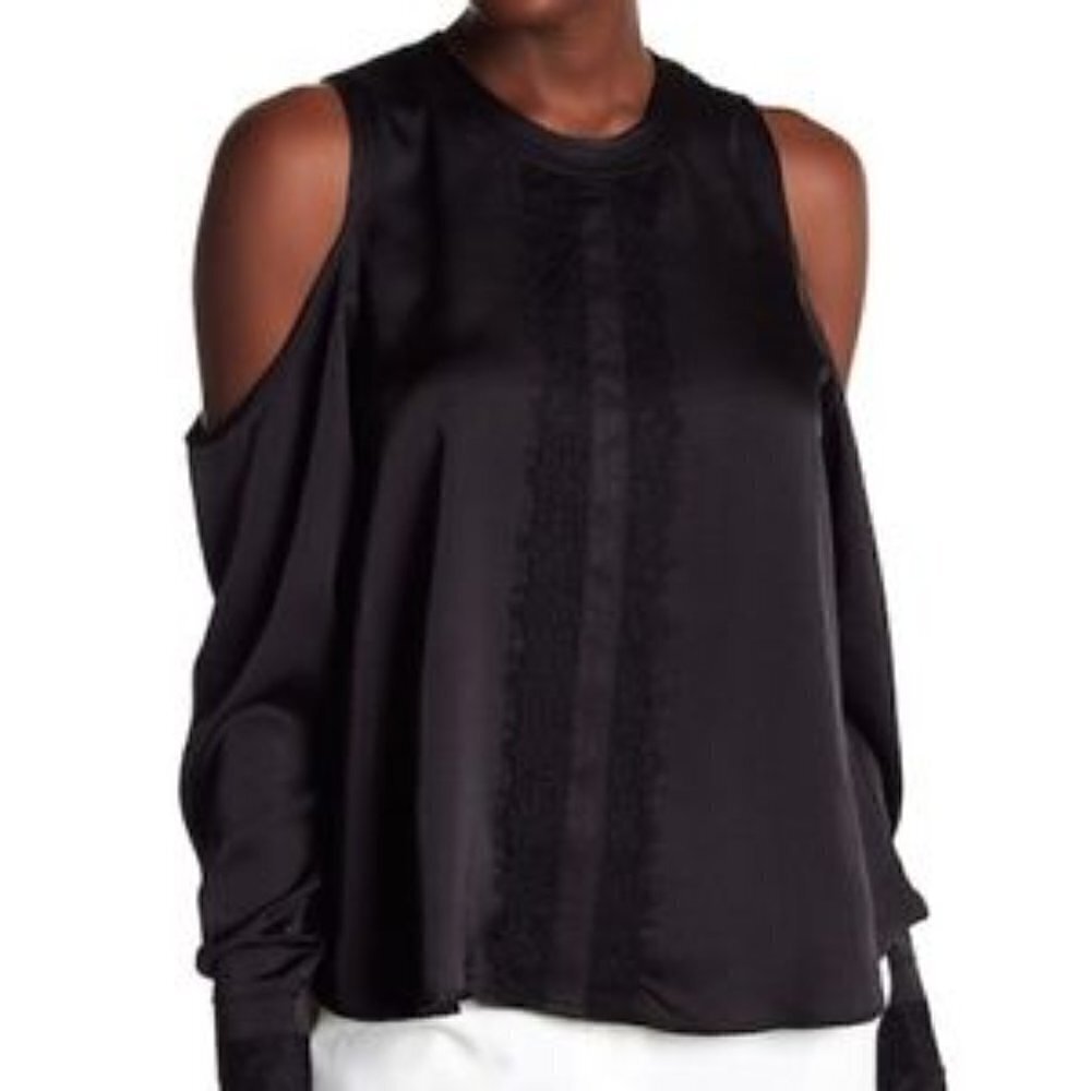 Laundry Satin Blouse Women's size 6 Black Cold Shoulder Lace Long Sleeve NEW
